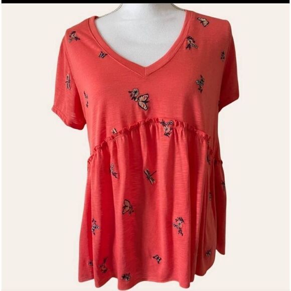 Blue Rain  coral embroidered butterfly floral v neck babydoll medium top - Picture 1 of 4